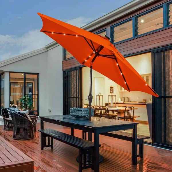 9 ft. Iron Market Solar LED Lighted Tilt Patio Outdoor Umbrella in Orange with Crank Lift, 18-LED Light and 6-Sturdy Rib