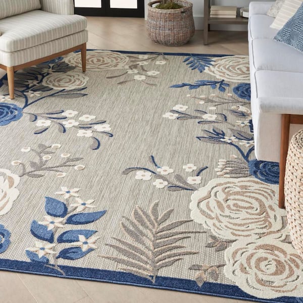 Aloha Blue/Grey 9 ft. x 12 ft. Botanical Contemporary Indoor/Outdoor Area Rug