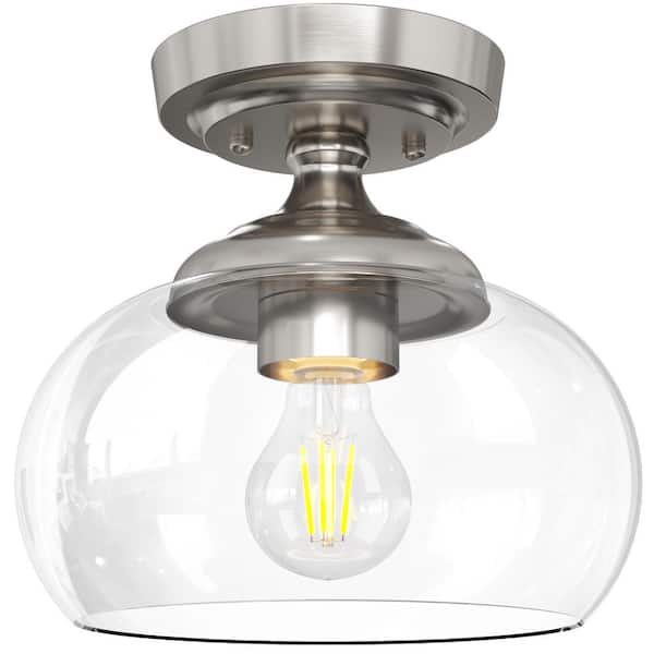 Merra 8.3 in. 1-Light Brushed Nickel Industrial Semi-Flush Mount With Clear Glass Shade for Hallway Kitchen Bedroom Entryway