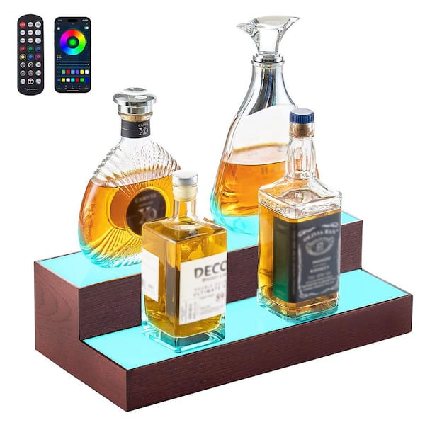 LED Lighted Liquor Bottle Display, 2-Tier 16 In., Supports USB, with RF Remote & App Control, 7 Colors(8 Bottles)