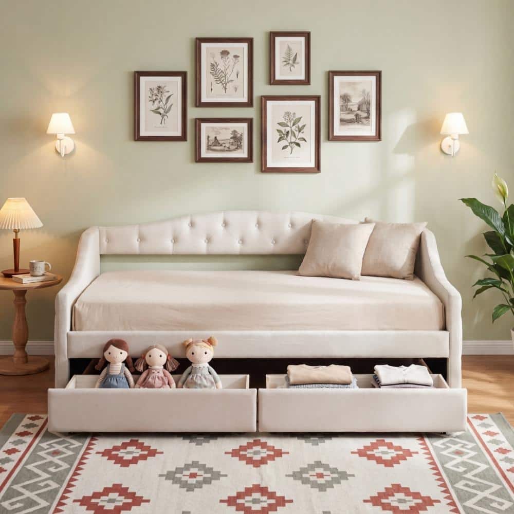 Beige Twin XL Size Upholstered Daybed with LED Belt and 2 Drawers