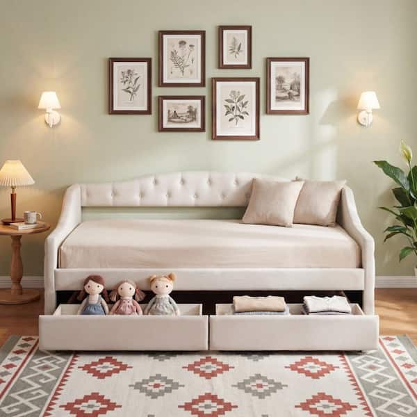 Beige Twin XL Size Upholstered Daybed with LED Belt and 2 Drawers