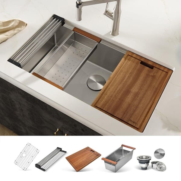 Roma Pro 33 in. Undermount Single Bowl 16-Gauge Stainless Steel Workstation Kitchen Sink With Rounded Corners
