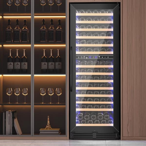 23.5 in. Dual Zone Wine Cellar Cooling Unit 154+ Bottles Built in Wine Cooler Reversible Door Hinge Blue LEDs in Black