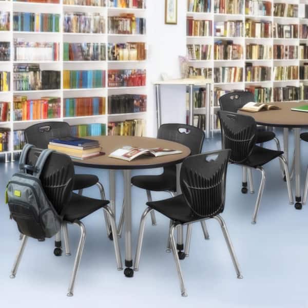 Kee 36 in. Round Noble Oak Mobile Adjustable Classroom Table Desk with Grey Base and 4 Andy 18 in. Black Stack Chairs