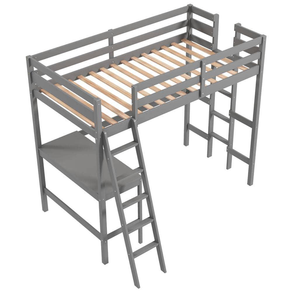 Costway Grey Twin Loft Bed Frame with Desk Angled and Built in Ladder ...