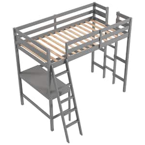 Grey Twin Loft Bed Frame with Desk Angled and Built in Ladder Solid Wooden Frame