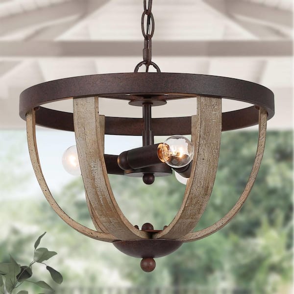 LNC Distressed Wood Chandelier Farmhouse 3-Light Rust Brown Bowl Cage Vintage Island 13 in. W Pendant for Kitchen Island