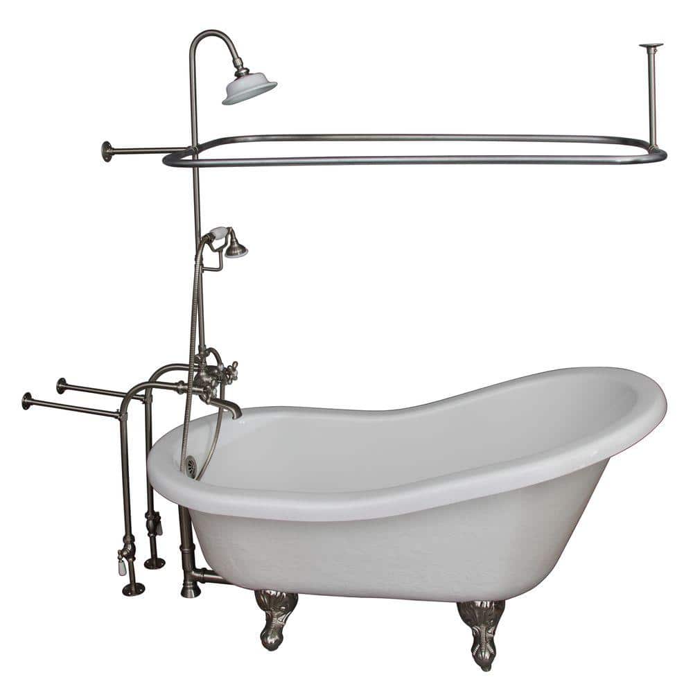 67'' White Acrylic Clawfoot Slipper Bathtub with Brushed Nickel Fixtures