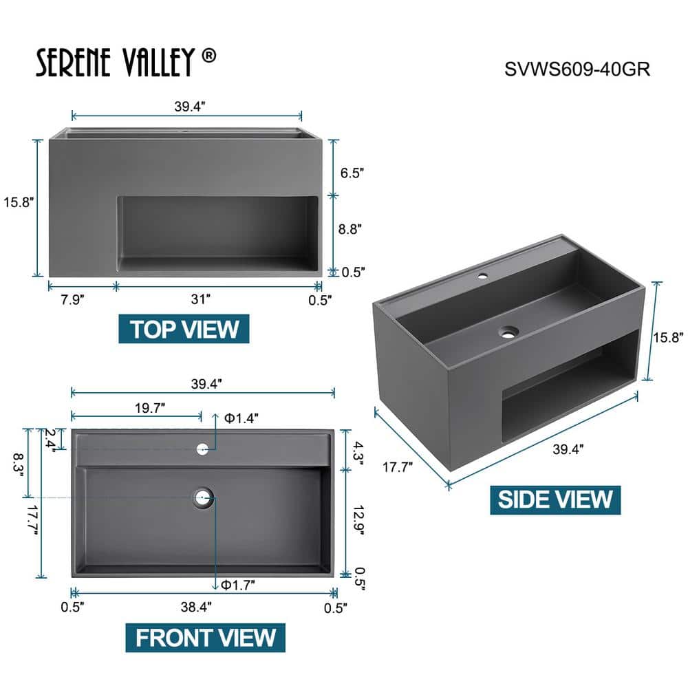 40 in. Matte Gray Solid Surface Wall-Mount Bathroom Vanity with Storage