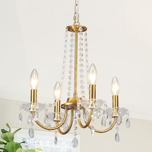 4-Light Gold Traditional Candle Style Crystal Chandelier for Dining Room Living Room with No Bulbs Included