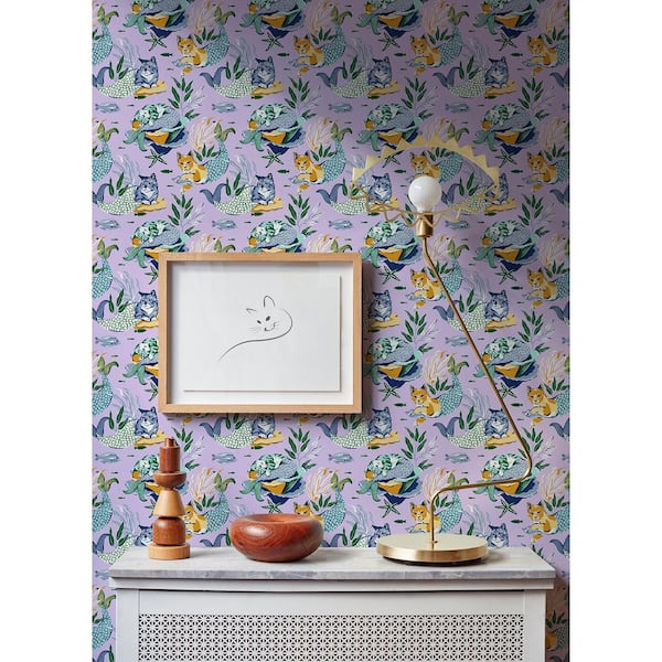 Meowing Mermaids Lavender Peel and Stick Wallpaper
