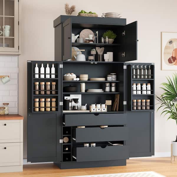 Dyer Gray Wood 77 in. H Freestanding Kitchen Pantry Cabinet with 4-Doors and 3-Drawers