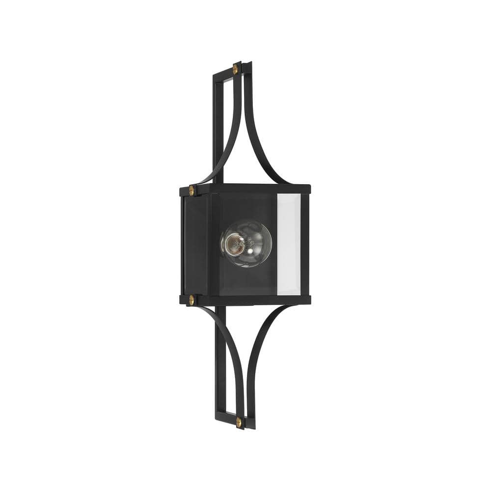 Matte Black and Brass Outdoor Wall Sconce with Glass Shade