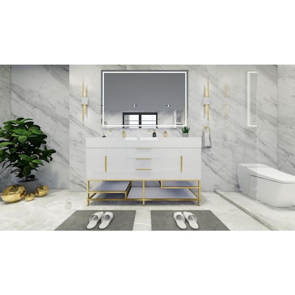 BV Better Vanity Bethany 59 in. W. x 20 in. D x 36 in. H Double Sink Freestanding Bath Vanity in High Gloss White with White Acrylic Top