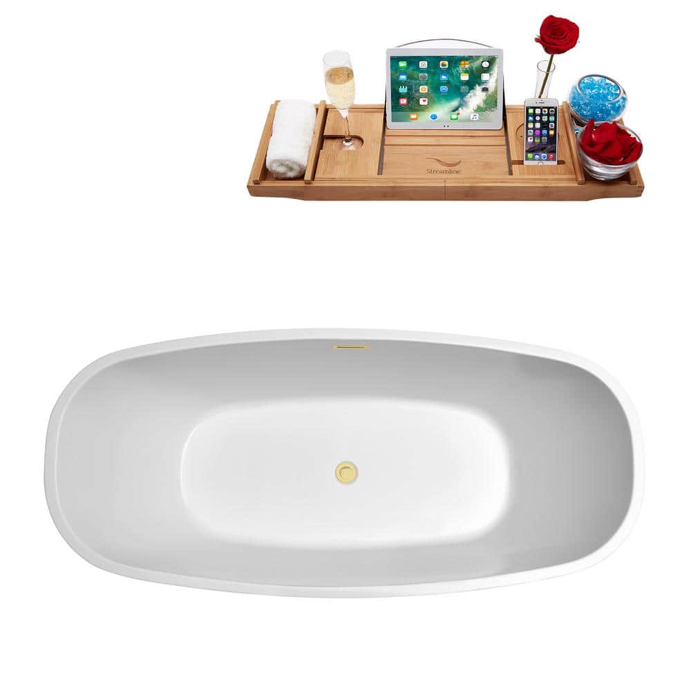 59" Glossy White Acrylic Freestanding Soaking Bathtub with Polished Brass Drain