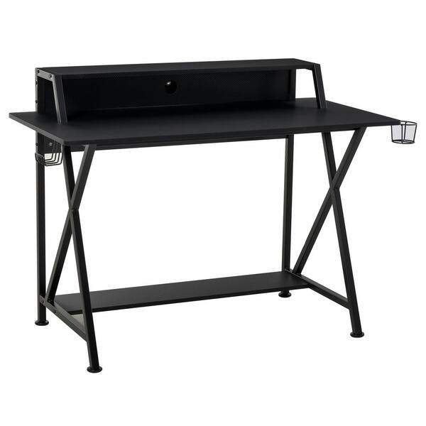 47.25 in. Black Wooden Computer Desk with Elevated Monitor Shelf