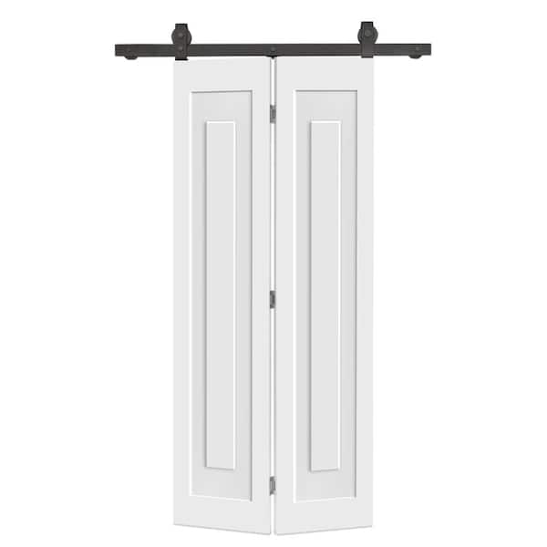 32 in. x 84 in. 1-Panel Shaker Hollow Core White Composite Bi-Fold Door with Sliding Barn Door Hardware Kit