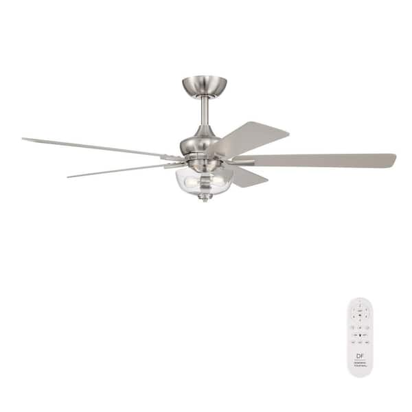 Dines 52 in. Indoor Brushed Nickel Transitional Ceiling Fan with (2) 3000K LED Bulbs, Clear Shade, Remote Included