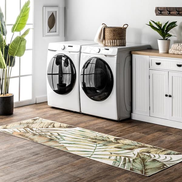Elen Olive 2 ft. 6 in. x 6 ft. Machine Washable Natural Leaves Indoor Runner Rug