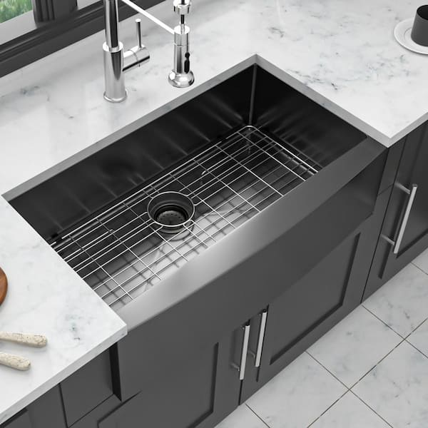 Coporesell 33 in. Farmhouse Single Bowl 16-Gauge Gunmetal Black Stainless Steel Kitchen Sink with Bottom Grids