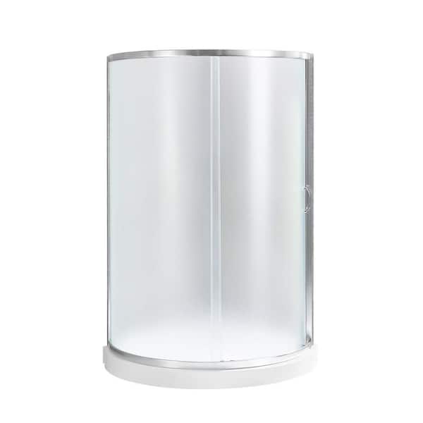 Breeze 36 in. L x 36 in. W x 77 in. H Corner Shower Kit with Frosted Framed Sliding Door in Satin Nickel and Shower Pan