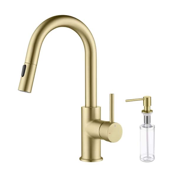 Circular Single Handle Pull Down Kitchen and Bar Sink Faucet with Soap Dispenser-Brushed Gold