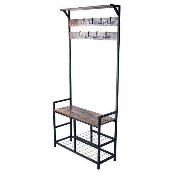 Karl home Brown and Black Metal with Wooden Bench 2-Wire Meshed Shelved Coat Rack