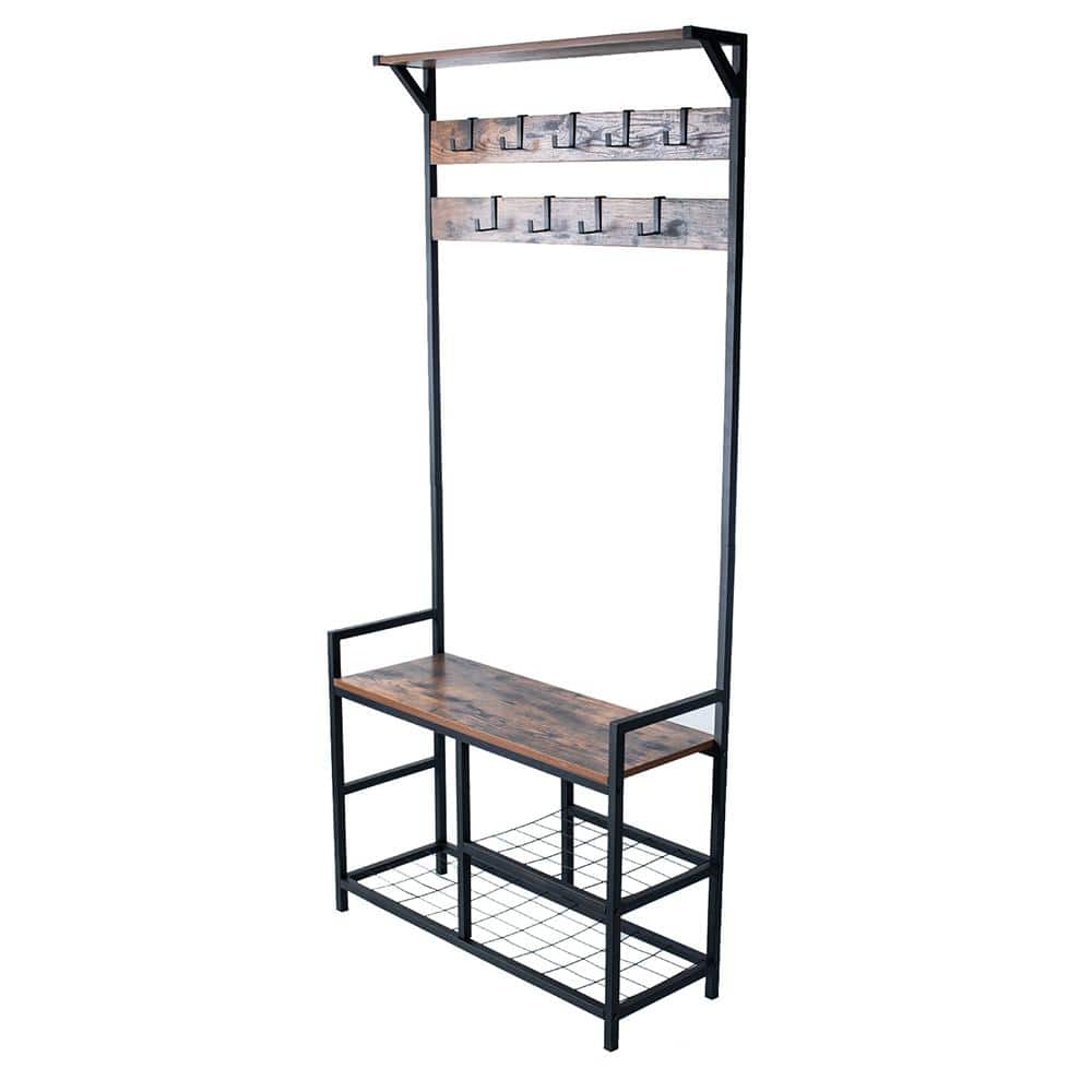 Winado Brown and Black Metal with Wooden Bench 2-Wire Meshed Shelved ...