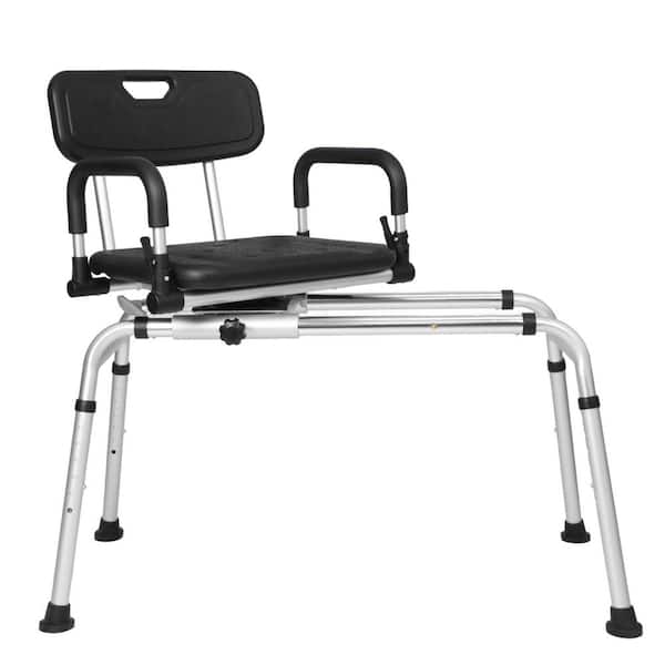 Sliding Shower Chair with 360° Swivel Seat, Tub Transfer Bench with Drainage Holes, Pivoting Arms and Seat Belt, Black