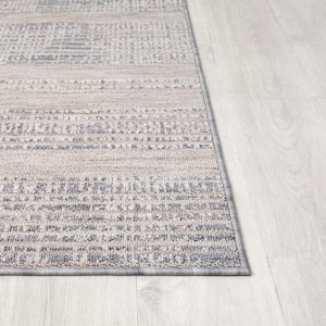 Wyatt Ivory/Light Blue 7 ft. 10 in. x 8 ft. 10 in. High-Low Striped P.E.T Yarn Indoor/Outdoor Area Rug