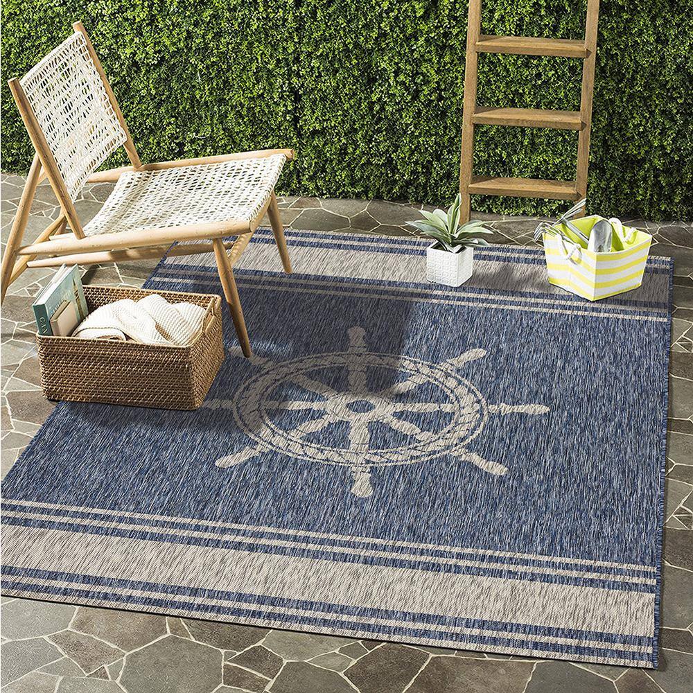 Nautical Gray and Blue Synthetic 5' x 7' Area Rug