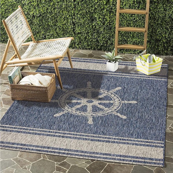 Camila Nautical Helm Navy Blue/Gray 7 ft. 9 in. x 9 ft. 5 in. Rectangle Indoor/Outdoor Area Rug