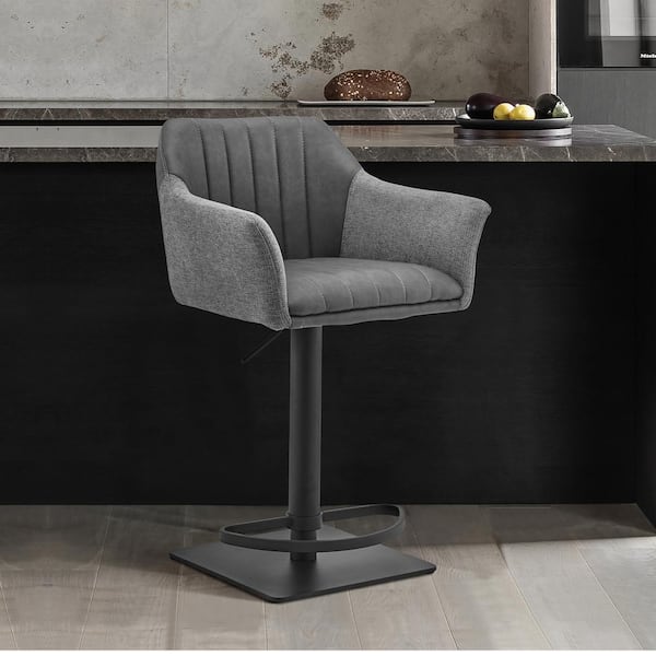 Armen Living Erin Adjustable Grey Faux Leather and Fabric Black Metal Full Back Swivel Bar Stool