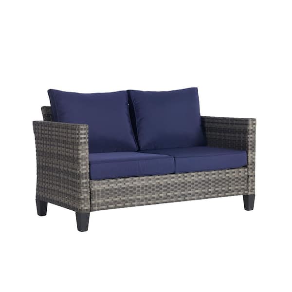 BFB 1-Piece Wicker Outdoor Loveseat Sofa with Navy Blue Cushion