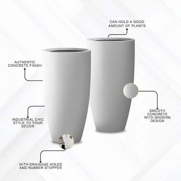 13.39 in. x 23.62 in. Round Pure White Lightweight Concrete and Fiberglass Planters with Drainage Holes (Set of 2)