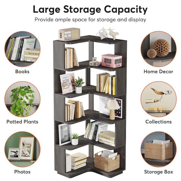 Eula 65 in. Tall Gray Wood 6-Shelf Etagere Standard Farmhouse Corner Bookcase Home Office Display Organizer