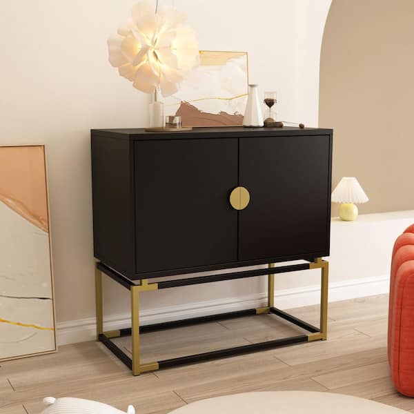 FUFU&GAGA 2-Doors Wood Storage Cabinet in Black With Metal Legs