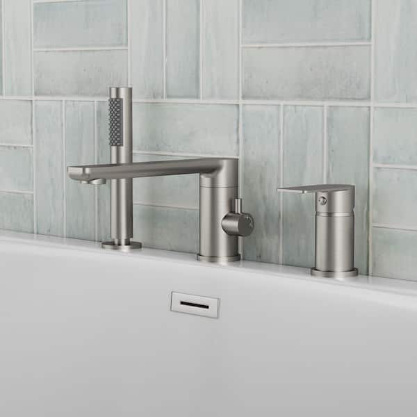 Single-Handle Deck-Mount Roman Tub Faucet G1/2in. 2. 3GPM 20PSI with Hand Shower in Brushed Nickel