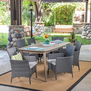 Jaxon Gray 7-Piece Wood and Faux Rattan Outdoor Dining Set with Silver Cushions