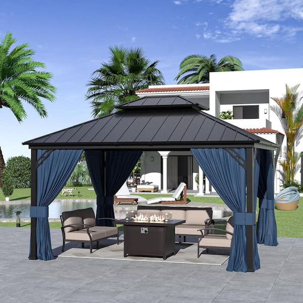 12 ft. x 14 ft. Gray Metal Hardtop Gazebo with Double Roof Pergola, Netting and Curtain Navy Blue