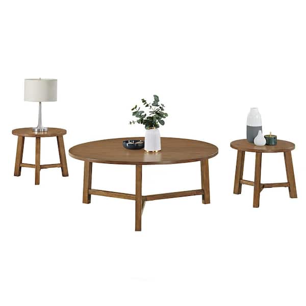 Alaterre Furniture Alaterre Newbury 44 in. Pecan Round Pine Wood Coffee Table and End Tables Set