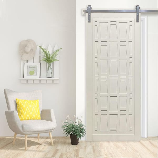 42 in. x 84 in. Whatever Daddy-O Off White Wood Sliding Barn Door with Hardware Kit in Stainless Steel