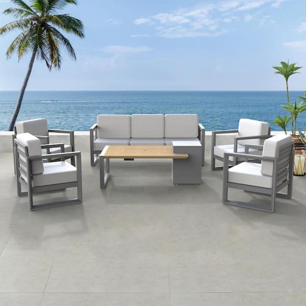 BALKENE HOME Sawgrass Rectangular Aluminum Outdoor Conversation Fire Pit Table with Cushions