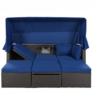 Gray Wicker Outdoor Rectangle Day Bed with Retractable Canopy and Washable Blue Cushions