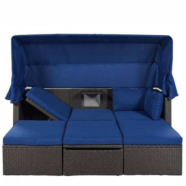 Angel Sar Gray Wicker Outdoor Rectangle Day Bed with Retractable Canopy and Washable Blue Cushions