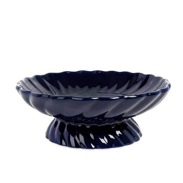 9.5-Inch Ceramic Fruit Bowl with Decorative Blue Striped Design and Smooth Curved Edges for Kitchen Use