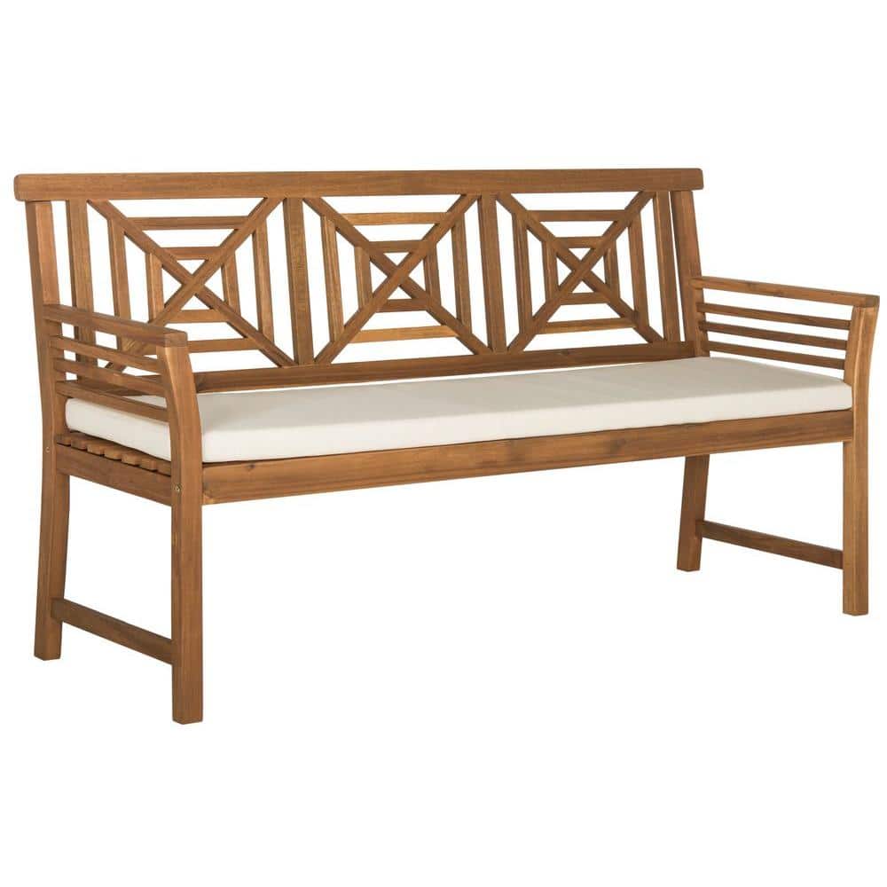 Tropical Villa-Inspired Teak Brown 3-Seat Garden Bench with Beige Cushion