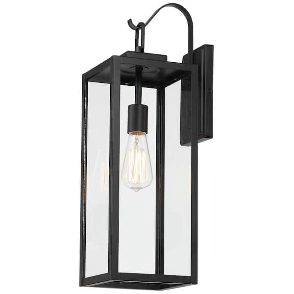 Uixe 22.5 in. 1-Light Matte Black Hardwired Outdoor Wall Light Lantern Sconce with Clear Glass Shade