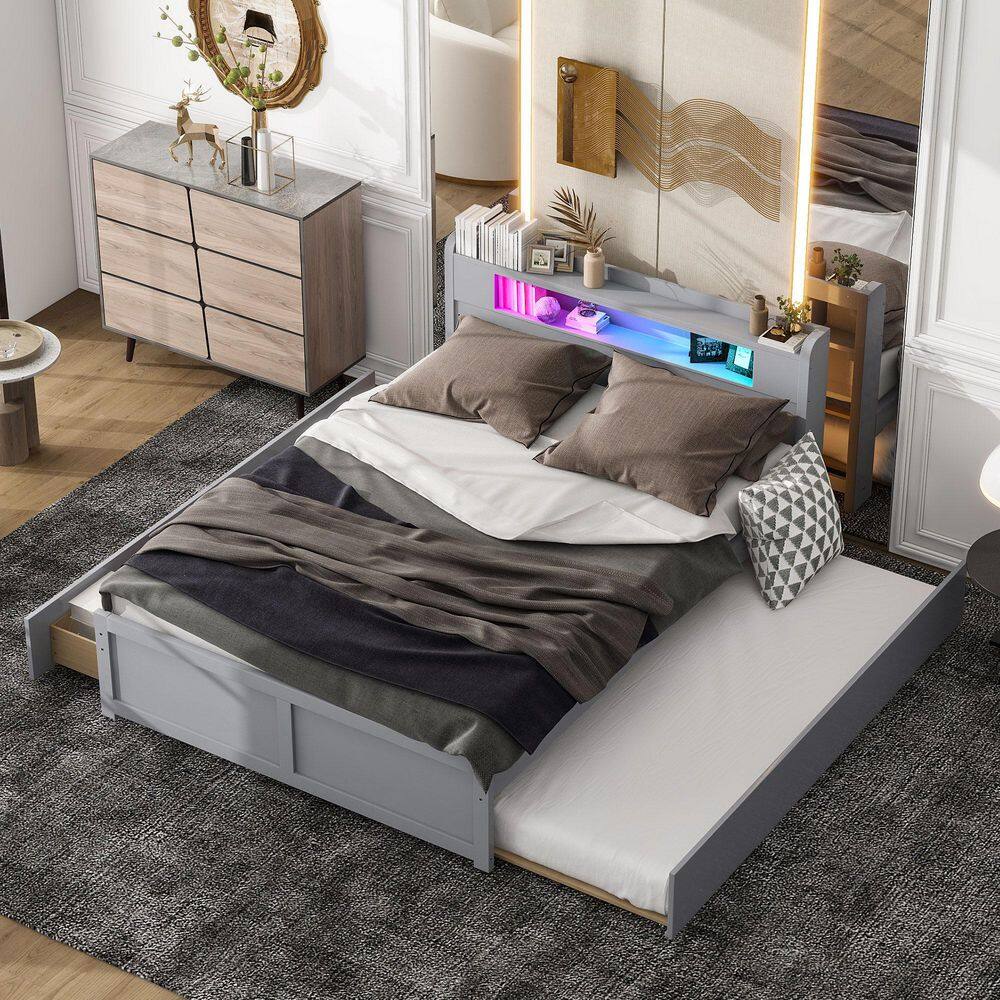 Qualler Gray Wood Frame Queen Size Platform Bed with LED, Drawers and ...